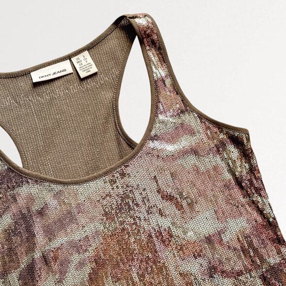 Y2K Camo Sequin DKNY Tank Top Sz S Metallic Brown Festival Disco Grunge Retro - Picture 8 of 10